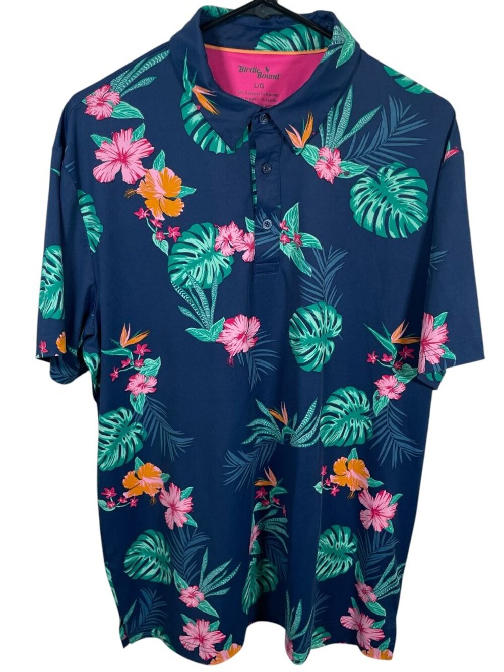 Birdie Bound Floral Polo Shirt Mens Large Blue Hawaiian Performance Stretch Golf